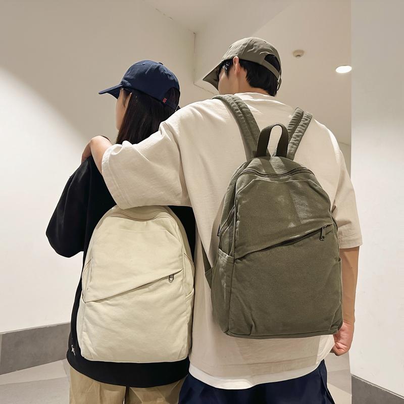 Canvas Backpack Women's Large Capacity Solid Color Student Schoolbag Men Travel Backpack