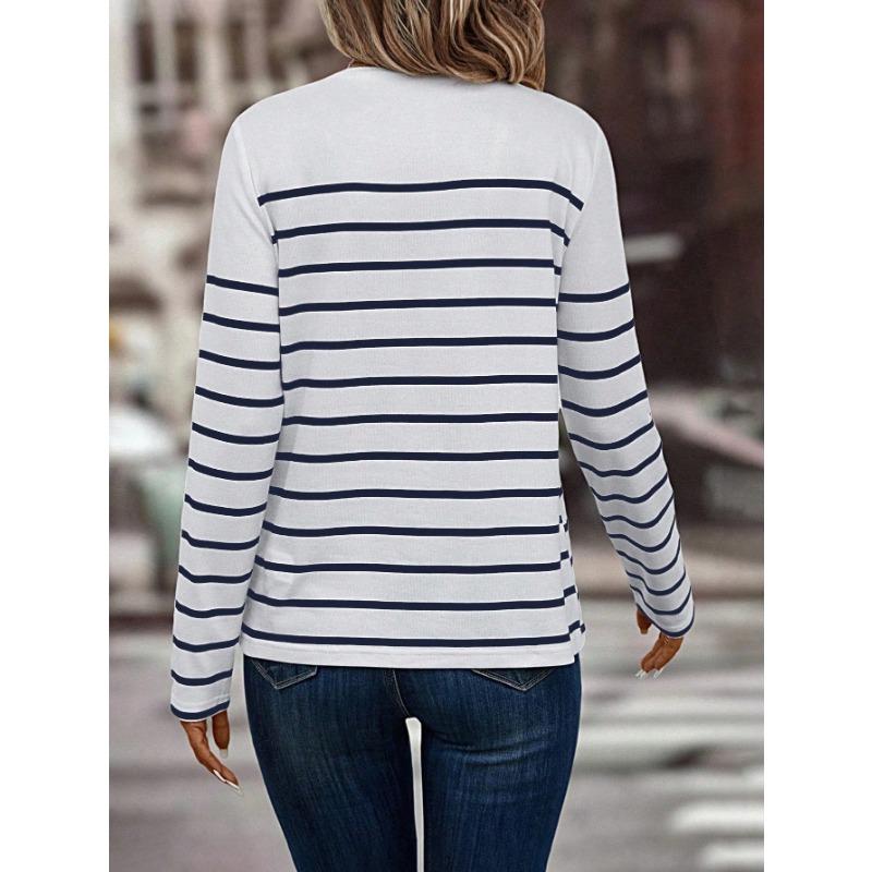 Women's Spring and Autumn New Fashion Versatile Striped Contrast Button Casual Long-sleeved T-shirt