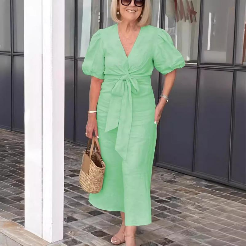 Plus Size Dress Women's Spring Summer V-neck Lace Up Bubble Sleeve Solid Casual Dresses