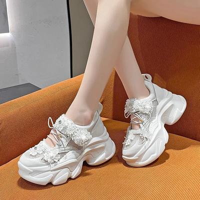 Fashion 7.5CM Heels Women Thick Bottom Wedge Sneakers Embroider Hollow Out Gladiator Breathable Summer Shoes Woman Bling Chunky Sandals