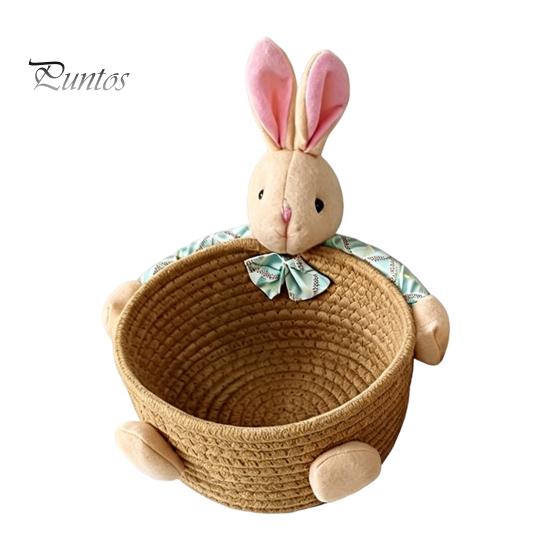 Gentle Color Storage Basket Desktop Basket, Cartoon Plush Bear And Rabbit Rope Decorative Plaid Bow Organizer Shape, Woven for Small Items Jewelry