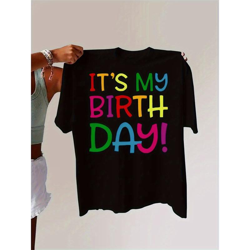 

European Size Women S Casual It S My Birthday! Graphic Tee - Short Sleeve, Round Neck, White T-Shirt with Colorful Print, All-Season Fashion 4XL чорний