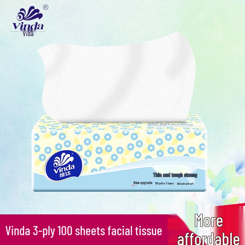

Vinda 3-Ply Facial Tissues - 8 Packs, 100 Pulls Each, Affordable for Home Use