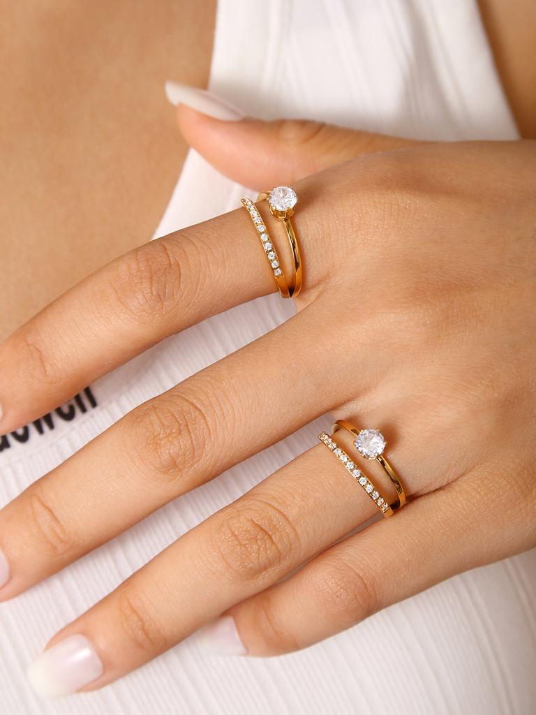 Japan And South Korea Niche Design Light Luxury Temperament Stainless Steel 18K Gold-Plated Diamonds Double Layer Ring Female