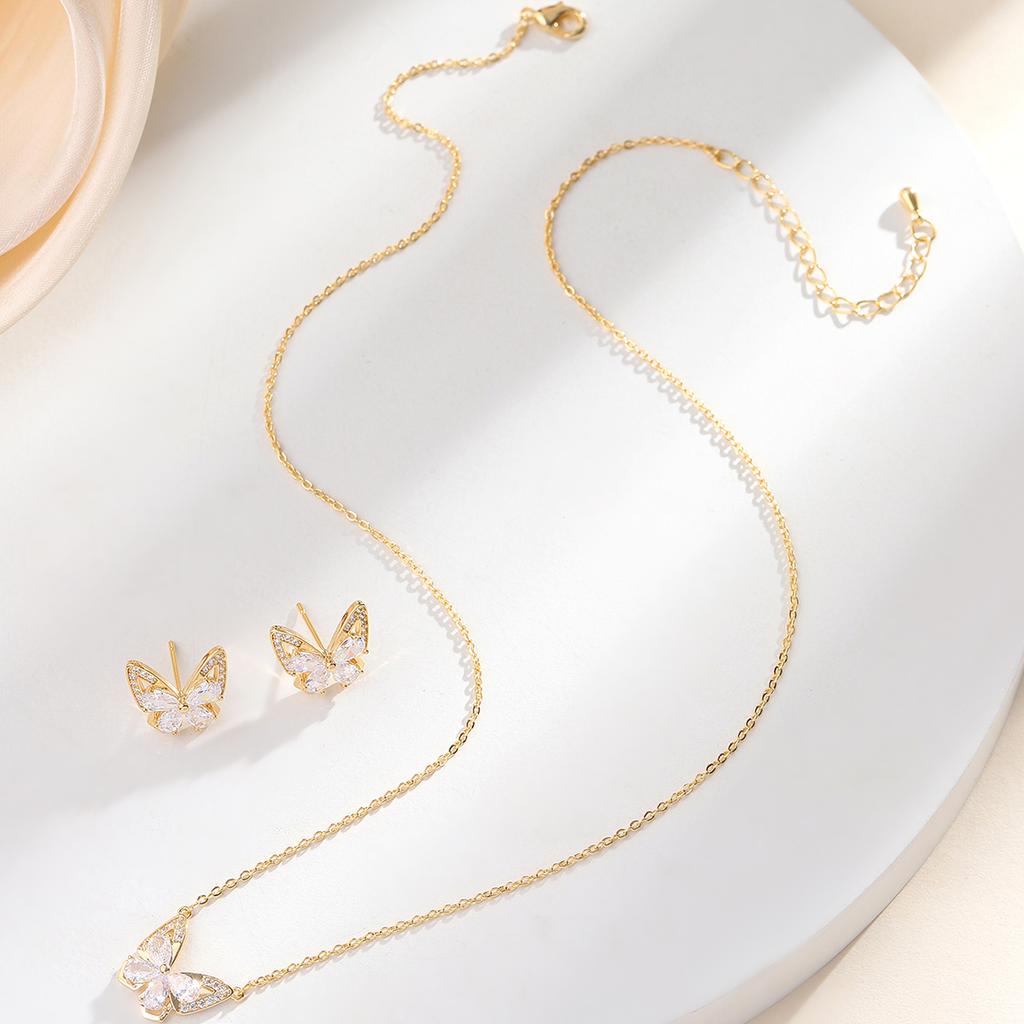 New Design Matching Butterfly Jewelry Suit Shiny Rhinestone Ear Studs Zircon Pendant Earring Set For Women Girls Wedding