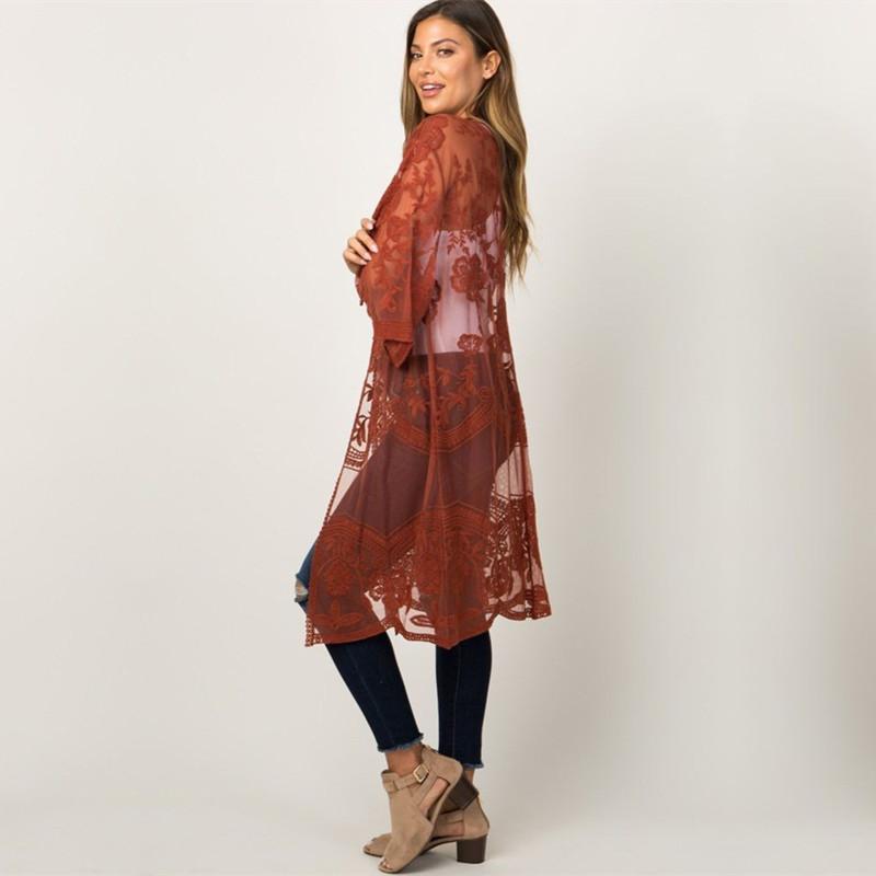 Summer New Lace Bikini Cover Up Sexy Sheer Mesh Embroidered Elegant Dress Casual Beach Cardigan Women Swimwear Cover Up Q894