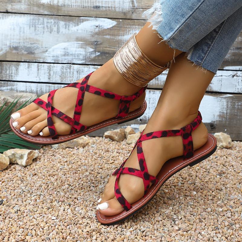 Fashion Leopard Lightweight Flats Summer New Round Toe Open Toe Crossover with Soft Sole Non-Slip Wear-Resistant Plus Size Sandals