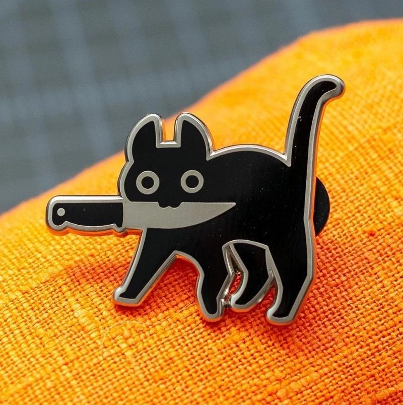Hot Cartoon Cute Cat Holding A Knife Enamel Pins Lapel Pin Small Black Pins Cute Metal Lapel Badges Brooch Funny Jewelry Gift