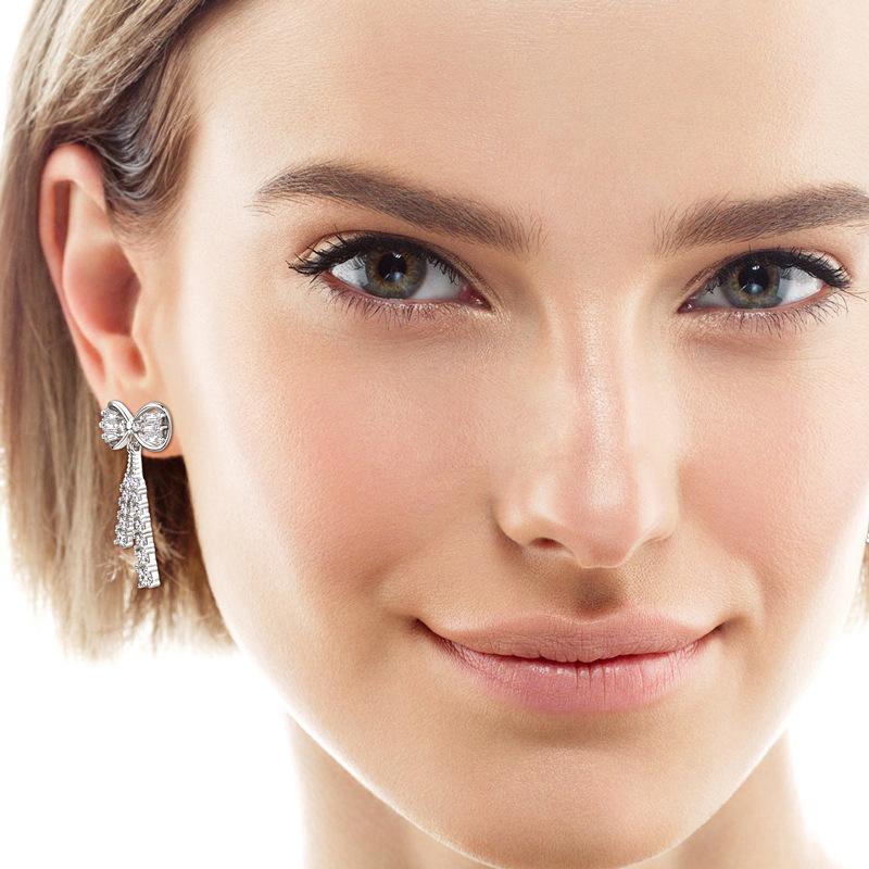 Silvere Glam European And American Light Luxury And High-end Style Bow Moissanite Ear Studs, Silver Ear Rings Long Full-stone Ear Accessories