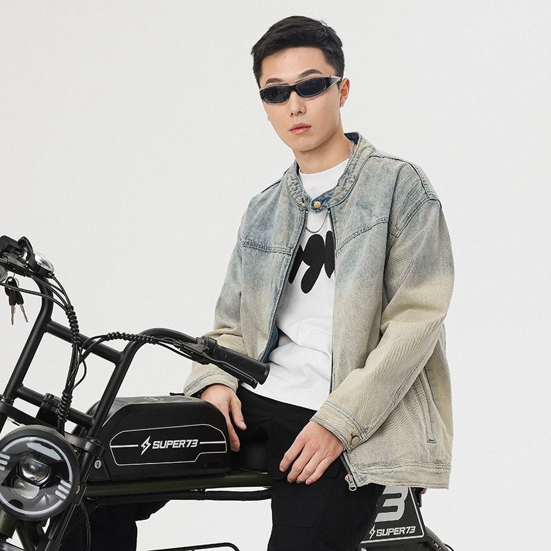 Spring Casual Gradual Change Color Denim Jacket Men'S Stand-Up Collar Slightly Wide American Trend Retro Denim Jacket
