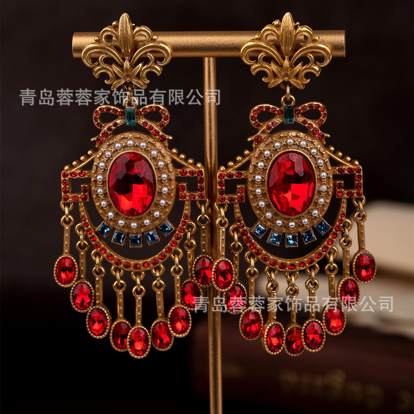 

Cross Border Antique Earrings Alloy Gemstone Tassel Pendant Retro Style Vintage Fashion High-end Feel красный