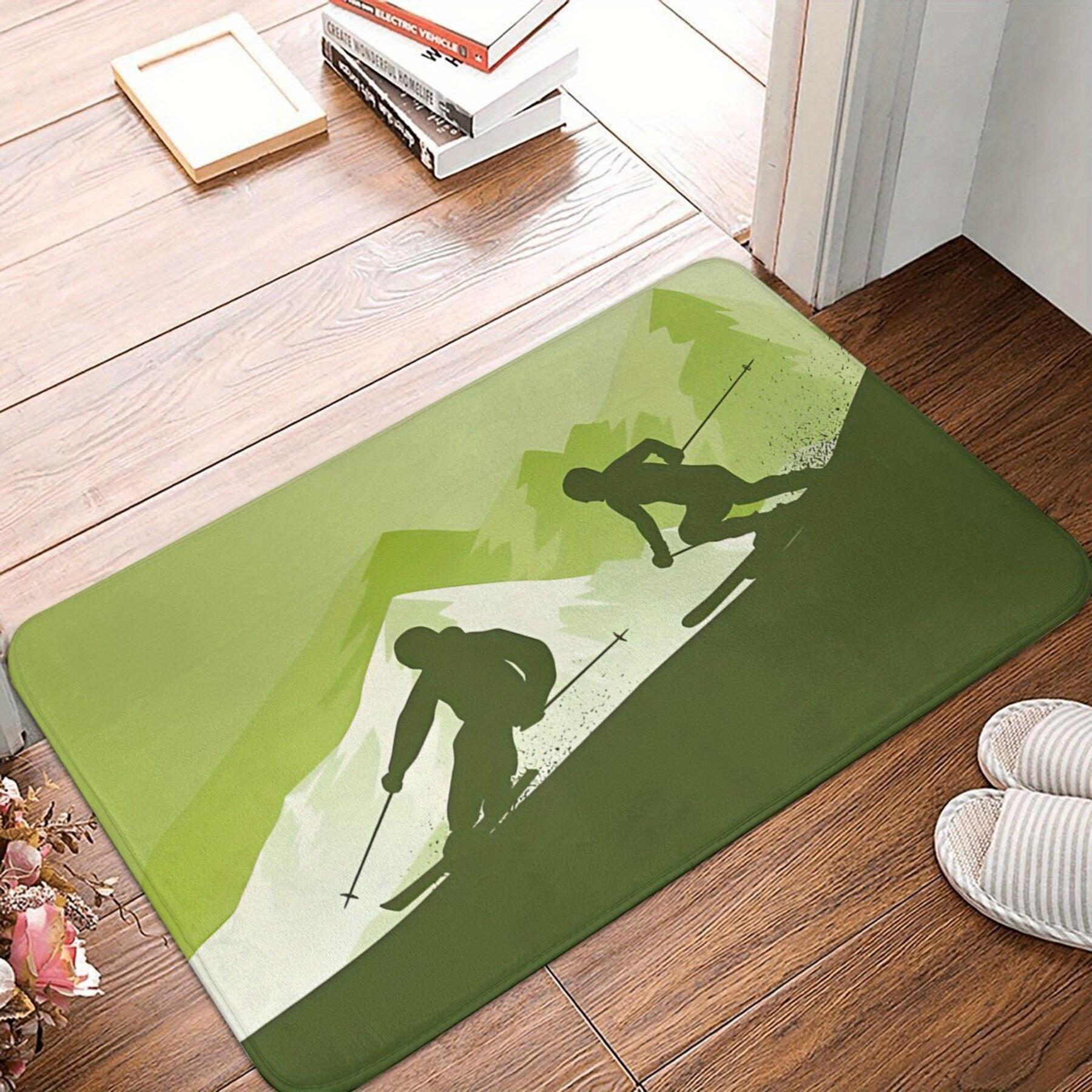 

Green Gradient Mat with Skiing Silhouettes on Mountain Shape, Polyester Rug for Indoor Home Decor 40x60cm