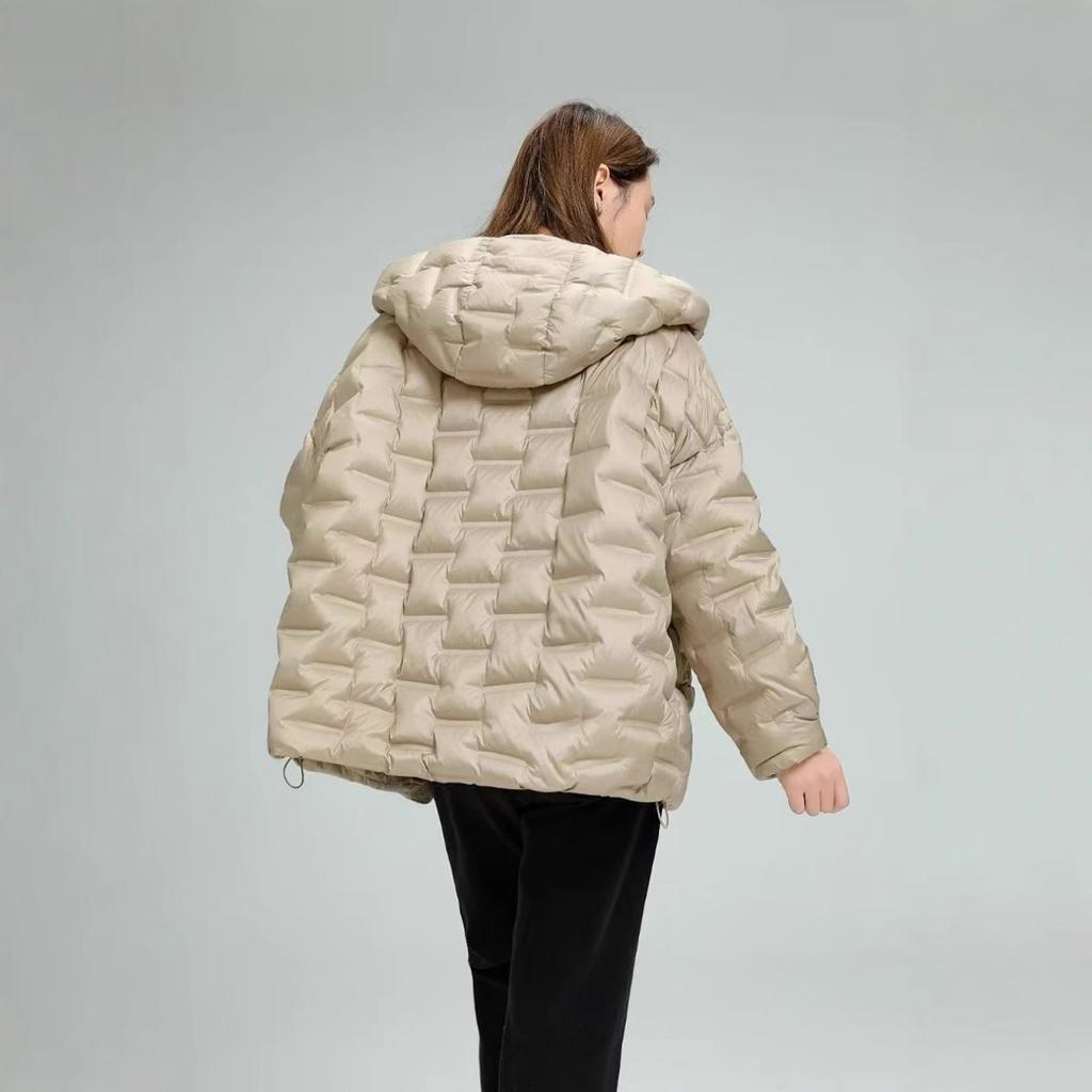 Autumn and winter new fashionable large size loose European version pressed rubber hooded white duck down jacket women's coat tide