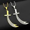 Collana Ciondolo Spada Zulfiqar dell'Imam Ali Islamico per Donne Uomini Acciaio Inossidabile Colore Oro Piena di Strass Catena Araba Gioielli