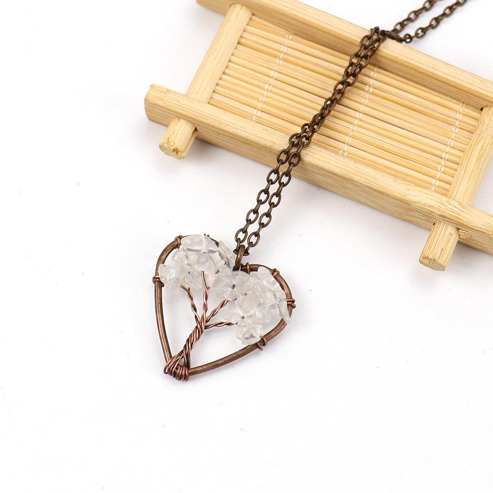Retro Handmade Wire-Wrapped Natural Stone Crystal Heart Tree of Life Necklace (N142)