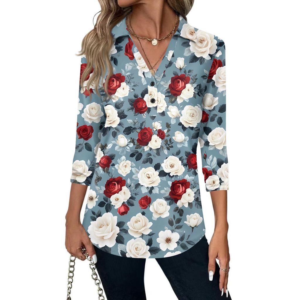 Women's Fashion Casual Lapel Short 3/4 Sleeve Print Shirt Women's V-Neck Button Tops