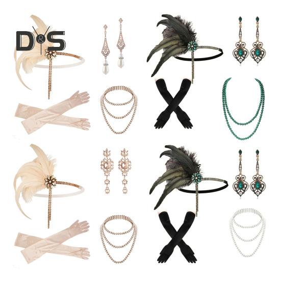 Sada šperků 20. léta Čelenka Rukavice Náušnice Set Třpytivé náušnice Pokrývka hlavy se sekvinami Korálky Doplňky pro hraní rolí