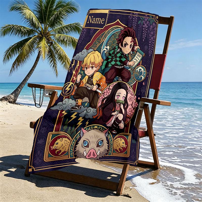 Serviette de plage personnalisée avec nom et motif Demon Slayer, pour Voyage Camping Fête à la plage Décoration de maison, Cadeau d'anniversaire pour la Famille & les Amis