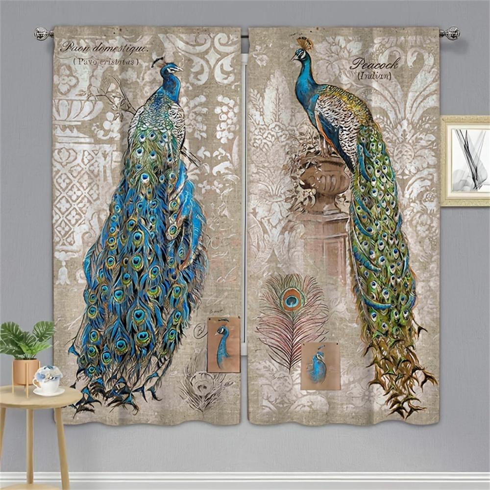Cortinas de janela com estampa de pavão dourado vintage, persianas para sala de estar, quarto infantil, banheiro, cozinha, porta, decoração para casa, 2 peças