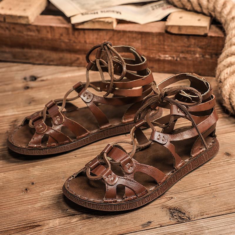 Mote Ekte Skinn Sommer Herresandaler Nye Håndlagde Romersk Stil Designersko Luksusmerke Pustende Strand Herresko Mokasiner