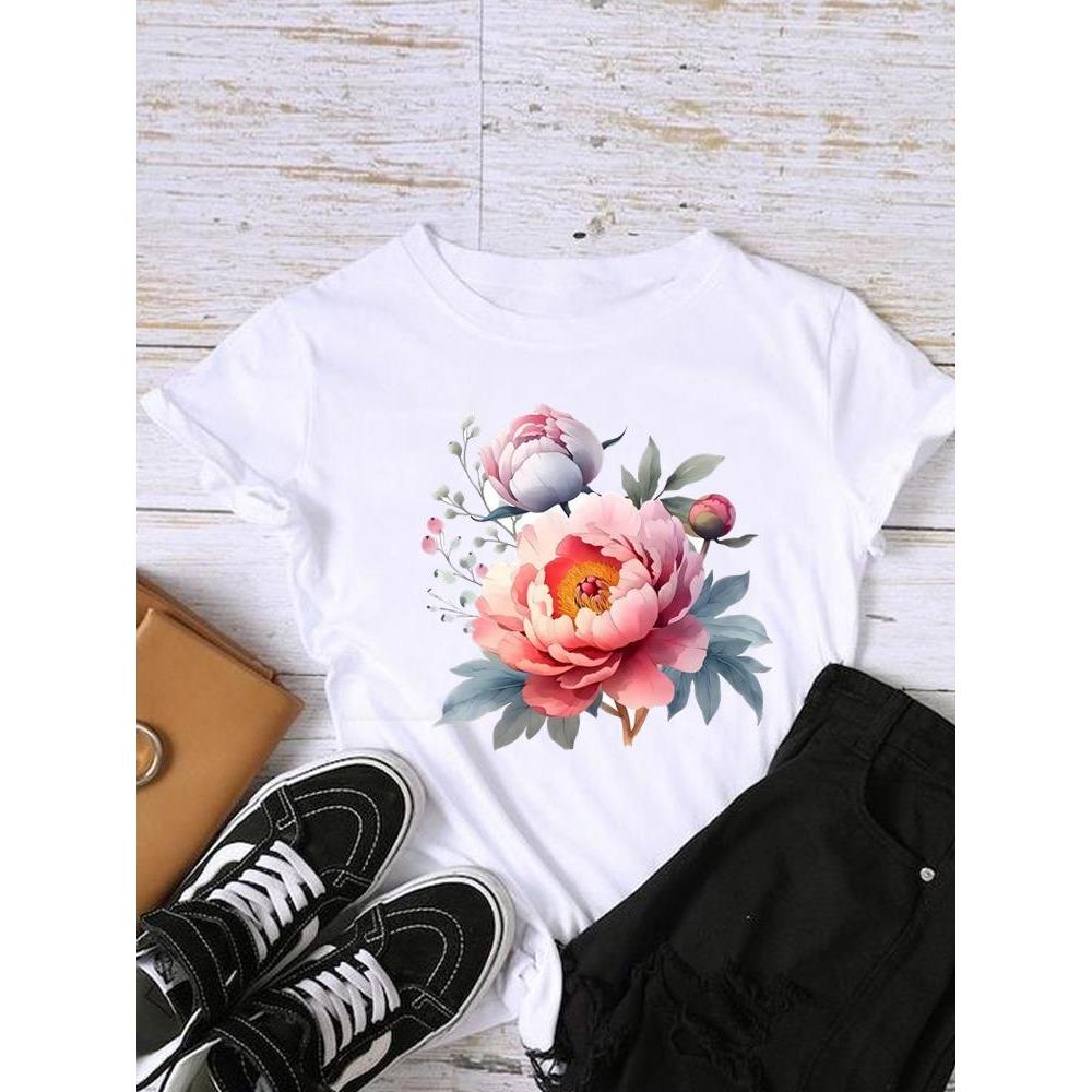 Style Flower Trend Clothing Graphic T-shirts Lady Short Sleeve T Shirt Women Print Female Fashion Clothes Casual Tee