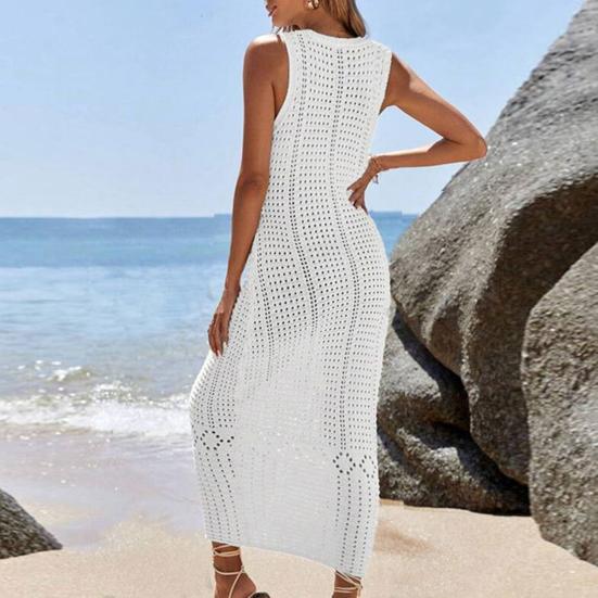 Dame Strand Cover Up Solkjole V-hals Heklet Hul Ut Maxi Kjole Strikket Justerbare Stropper Solbeskyttelse Strandklær
