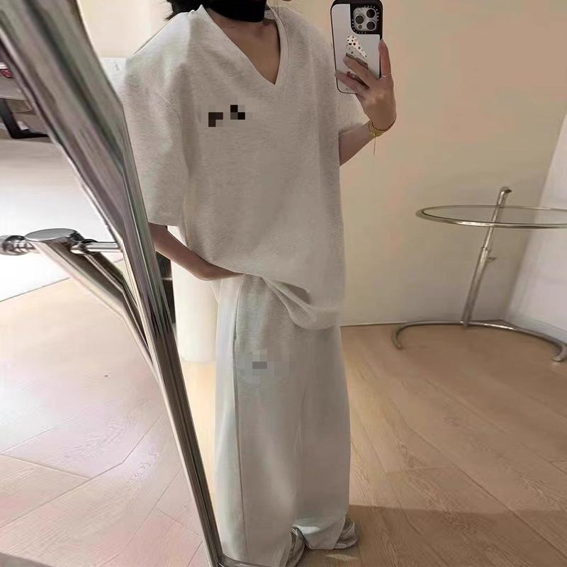 Summer Women's V-Neck Two-Piece Set: Loose Short-Sleeve T-Shirt & High-Waist Casual Trousers