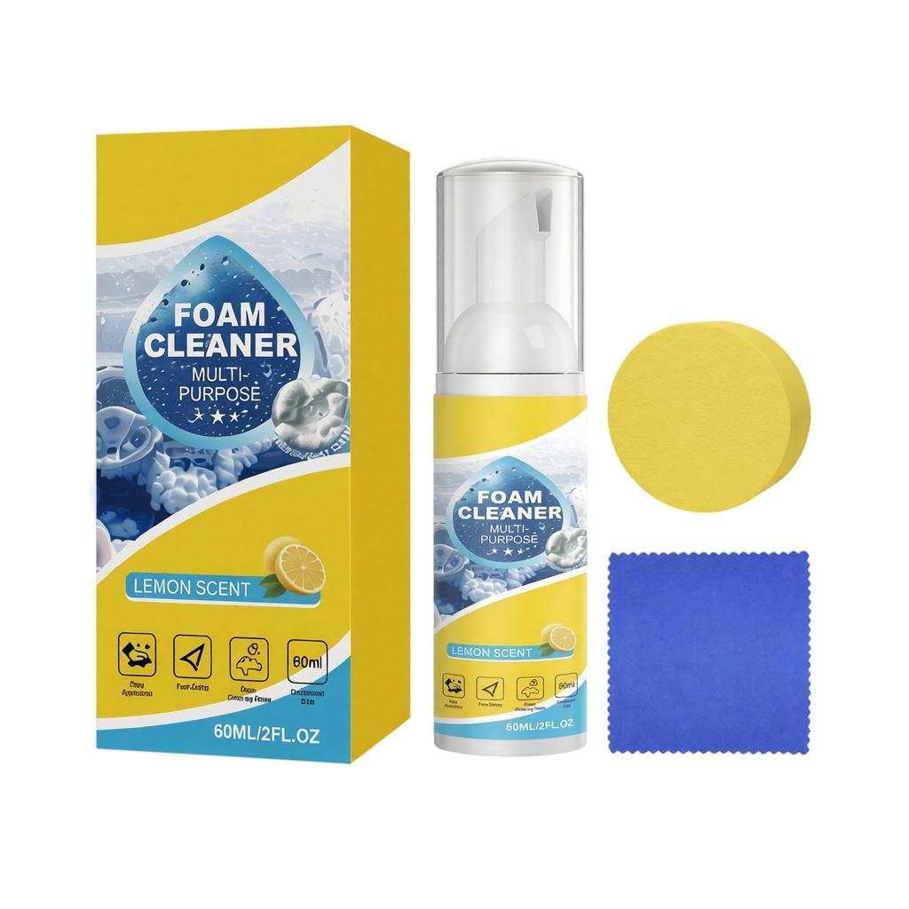 Detergente Schiumogeno Multiuso per Interni Auto Tappezzeria Cruscotto Sedili 60ml con Spugna e Panno Pulizia Adatto a Varie Superfici