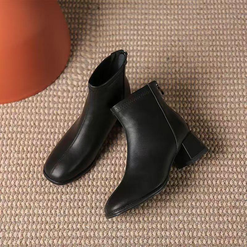Elegant with Medium Heels Fleece-Lined Leather Booties Autumn Winter Square Toe Women's Ankle Boots New In Female Short Shoes