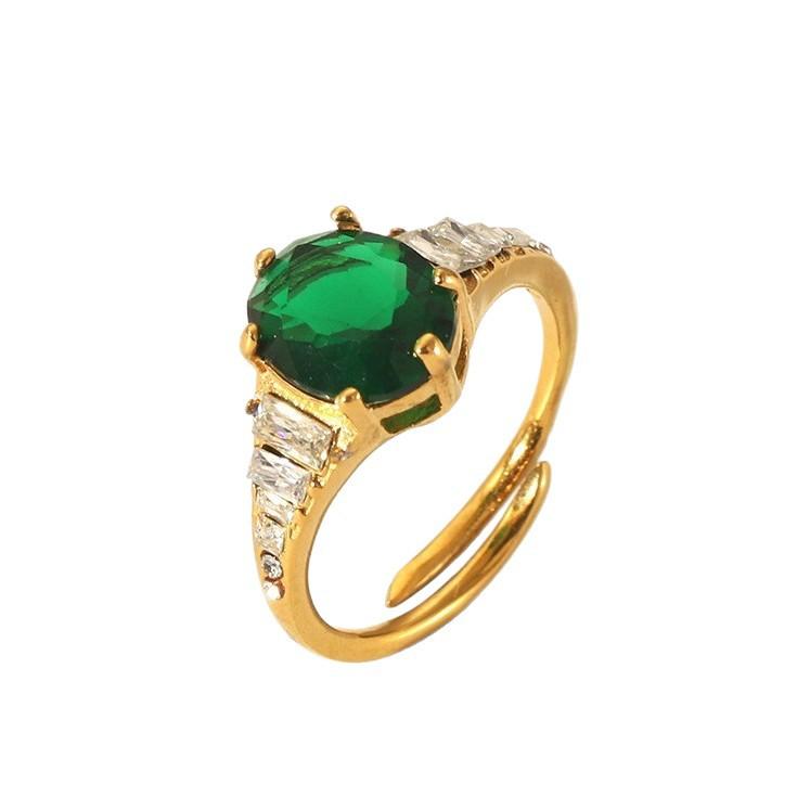 European and American Ins Light Luxury Oval Zircon Adjustable Ring Stainless Steel Electroplating 18K Gold Waterproof Jewelry Women