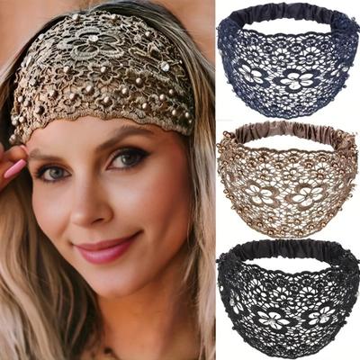 Damen Hohles Stirnband Blumenmuster Glänzende Strasssteine Kunstperlen Haarband Hochelastischer breiter Haarhalter