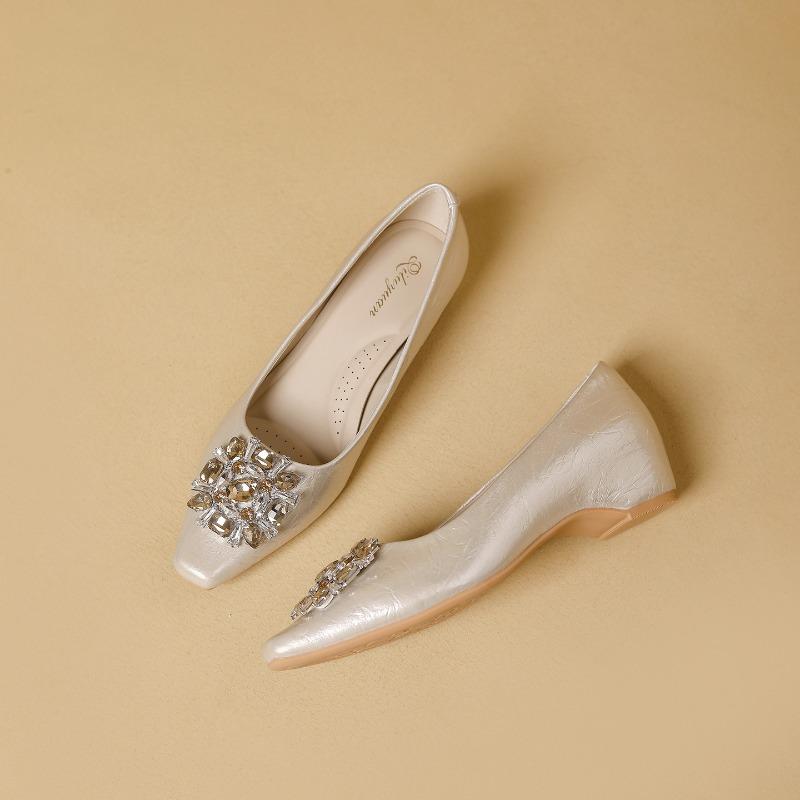 Women's Shoes Season New Rhinestone Square Head Middle Heel One Pedal Shallow High Heels Single Shoes Women