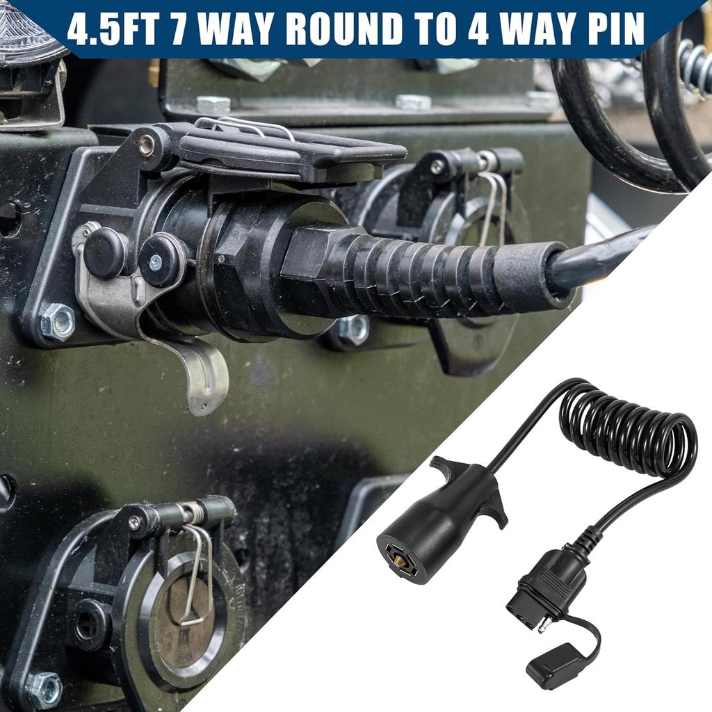 4.5ft 7 Way Round to 4 Way Pin Flat Trailer Coiled Wiring Harness Connector Adapter Plug/Rear for Car/Durable / 1 Pcs