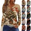 Women's Casual Christmas Print V-Neck Long Sleeve T-Shirt with Decorative Buttons for Holiday Parties