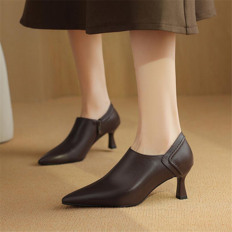 Divat Új Tavaszi Valódi Bőr Magassarkú Női Spitze Cipők Nőknek Kényelmes Női Pumpák Zaptos Mujer Fekete Barna Méret 34-43