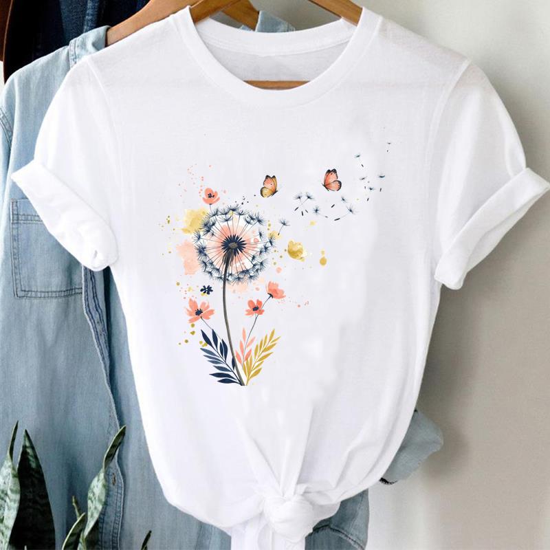 (Asian Size)  Clothing Tee  Sweet Flower Letter 90s Print Lady T Shirt Fashion Women Casual Top Short Sleeve Female Graphic T-shirts