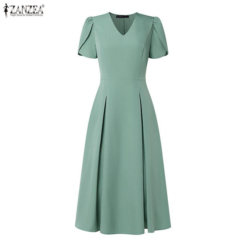 ZANZEA Women Elegant V-Neck Casual Short Sleeve Midi Dress