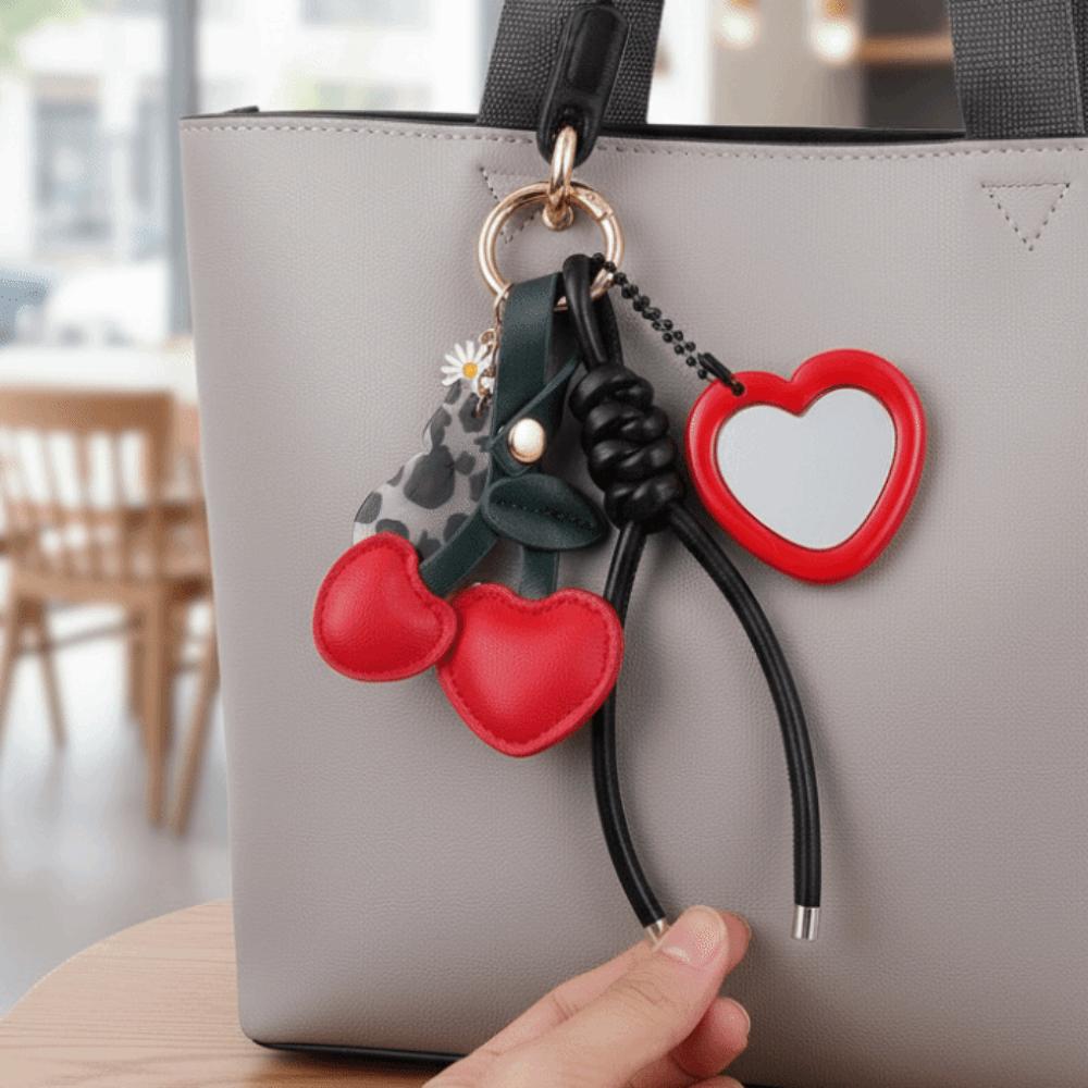 Heart-shaped Mirror Cherry Leather Keychain Bag Accessories Cat Cherry Bag Pendant Birthday Gift