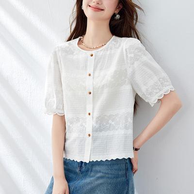 Rundhals Besticktes Hemd für Damen Kurze Ärmel Sommer Neu Kurzes Top Kleines Baumwollhemd