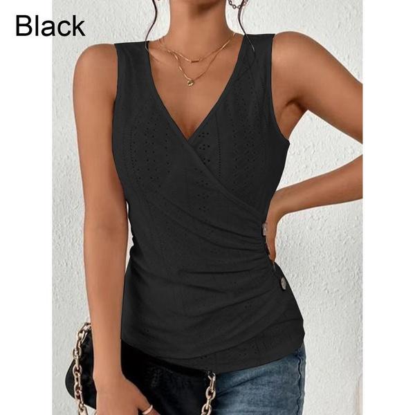 Women's Fashion Casual V-neck Sleeveless T-shirt Summer Slim Fit T Shirts Solid Color