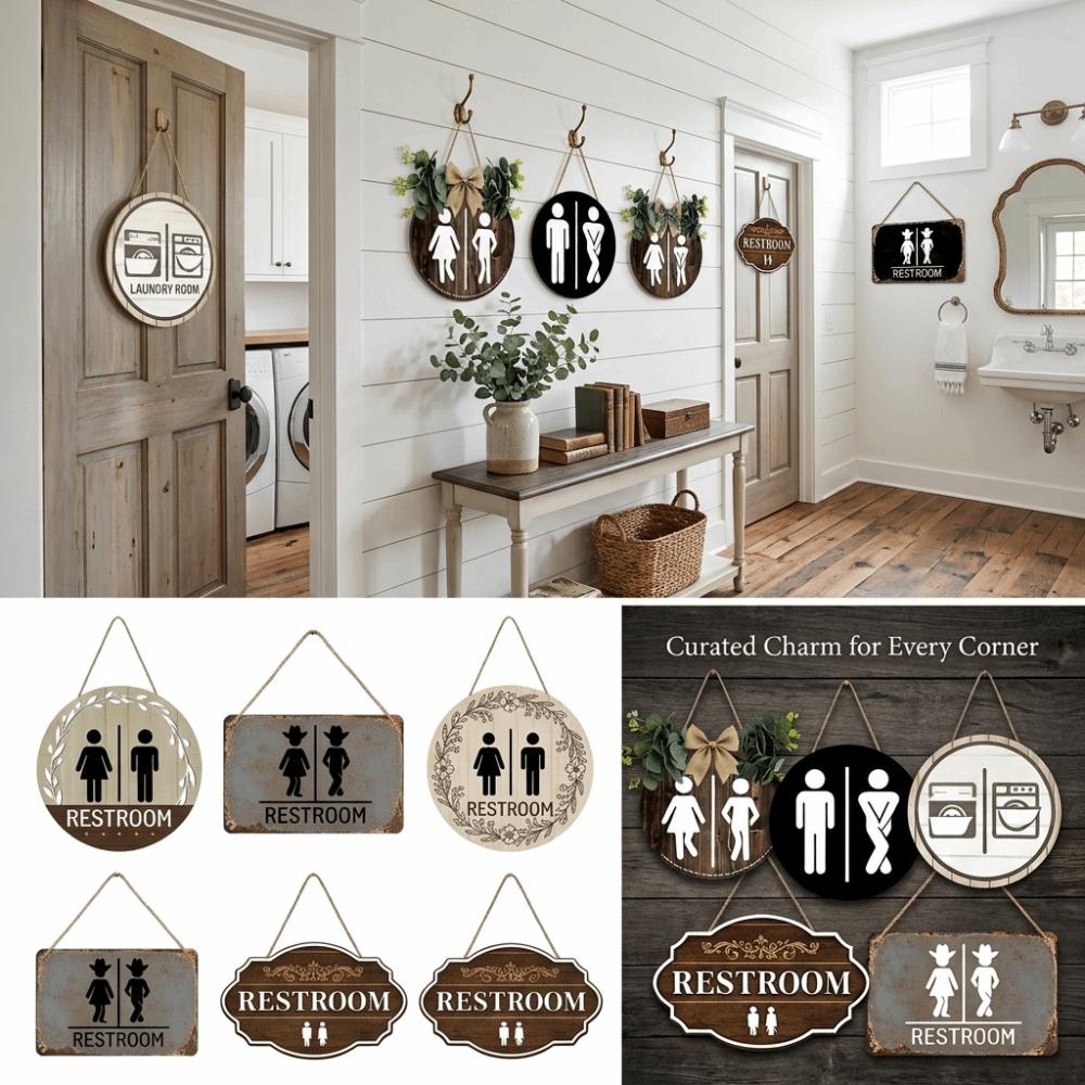 Wooden Wall Art Sign Wreath Circle Decorative Plaque Cute Bathroom Sign Plate Toilet