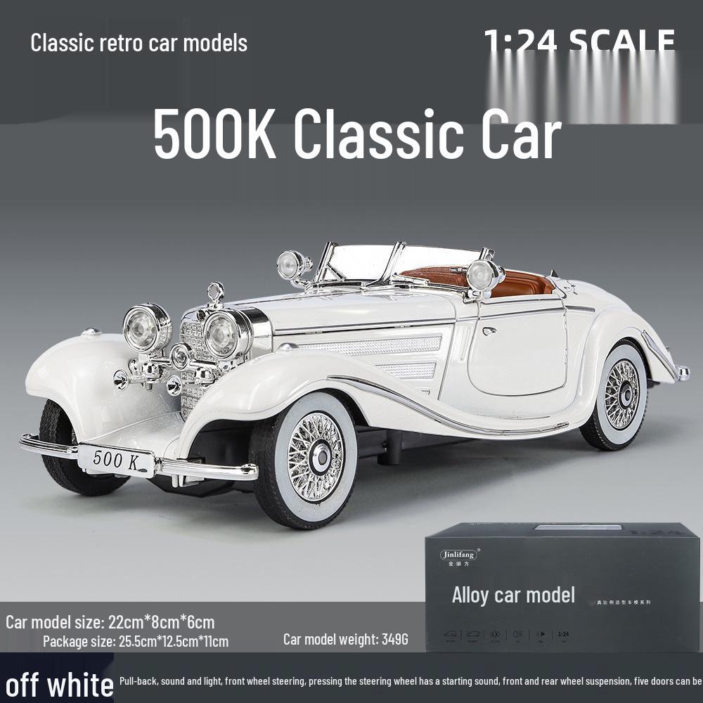 

1/24 Mercedes-Benz 500K Модель автомобиля из легкого сплава со звуком и светом: Классический ретро-украшение с откидной крышкой, подарочная коробка к празднику середины осени белый