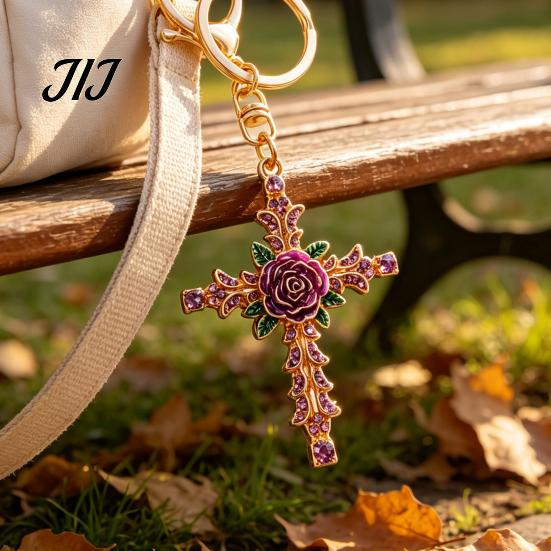 Zinc Alloy Keychain Retro Rhinestone Rose Keychain, Golden Plated Key Ring for Purse Charm Men Women, Pendant Handbags Backpacks Decoration