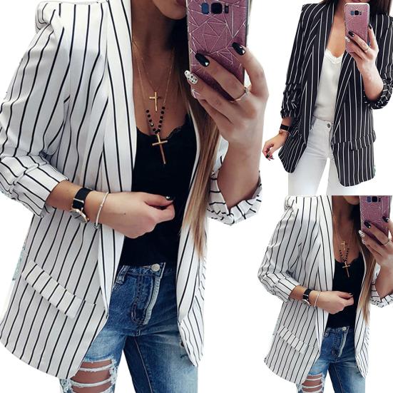 Fashion Autumn Women Stripe Lapel Long Sleeve Slim Fit Blazer Suit Jacket Coat