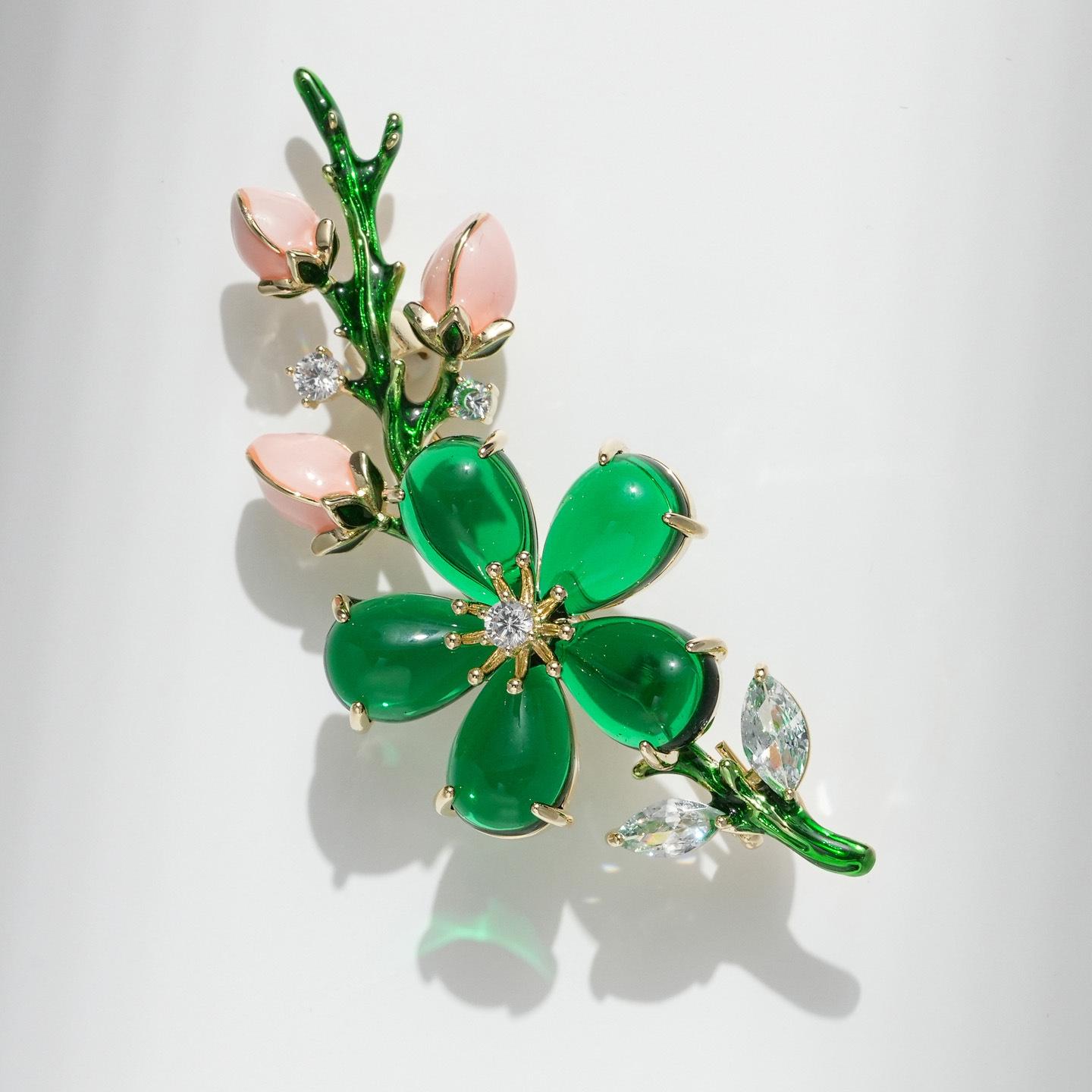 Emerald Crystal Azalea Qipao Brooch - Chinese Style Corsage Pin