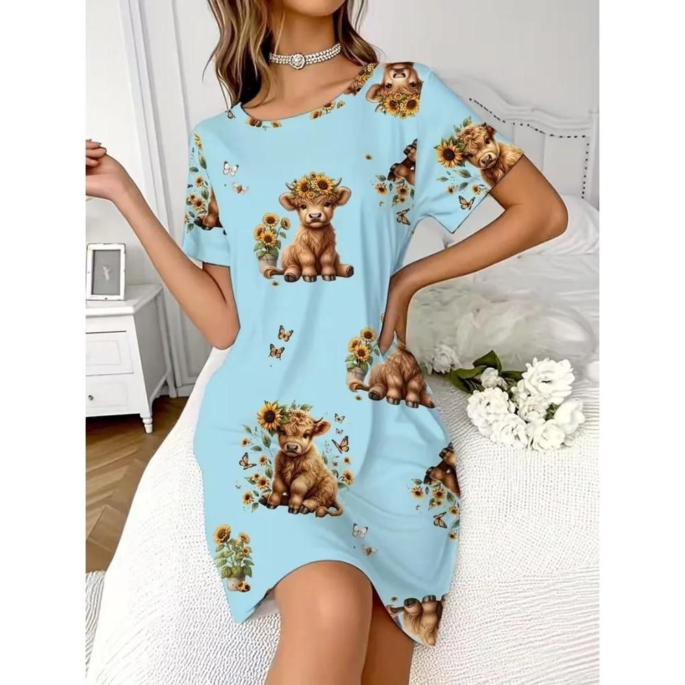 Fun Animal Colorful Patterns Women Mini Dresses Summer Short Sleeve Printed Plus Size Casual Comfortable Soft Dress