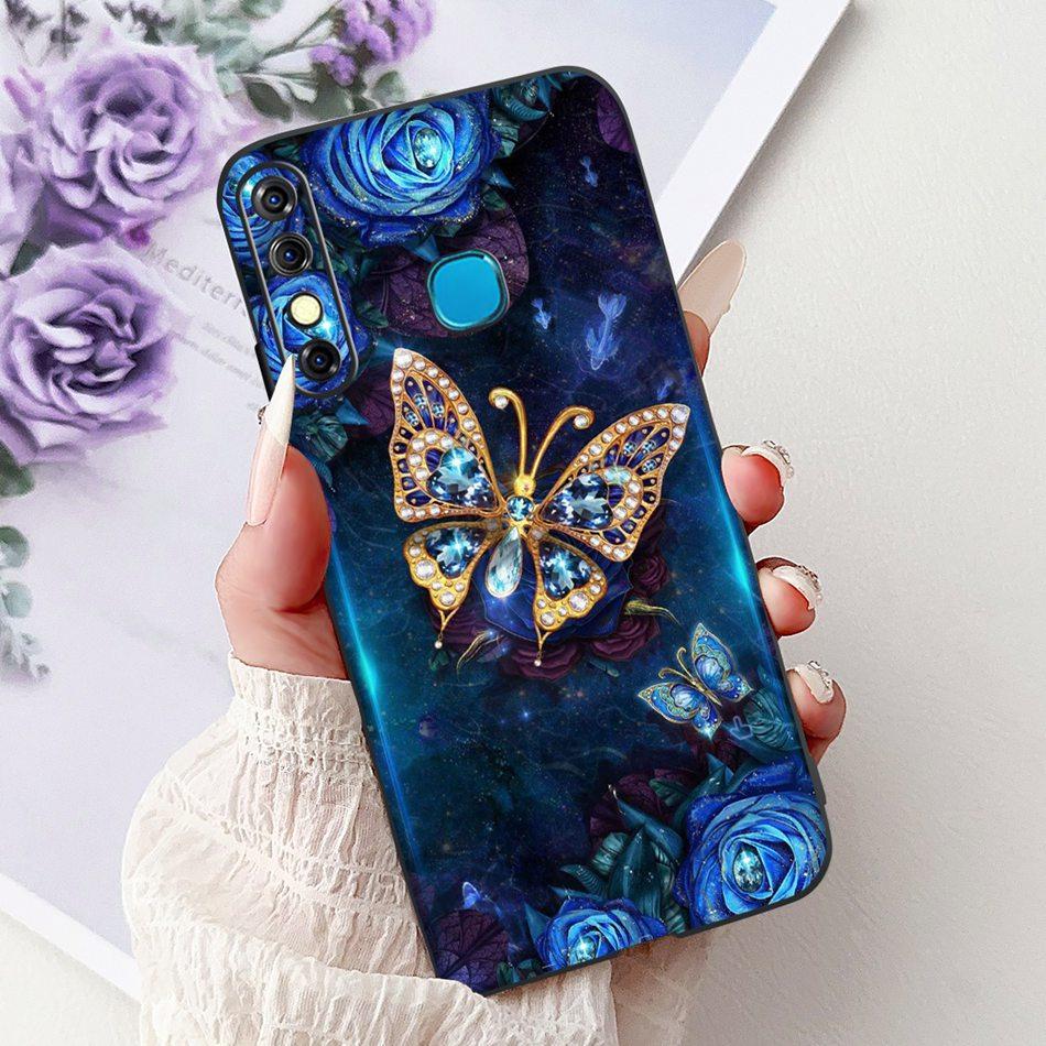 For Infinix Hot 8 Phone Case Hot 8 Lite Hot8 X650 X650C X650B X650D Elegant Floral Cat Pattern Black Silicone Soft TPU Cases