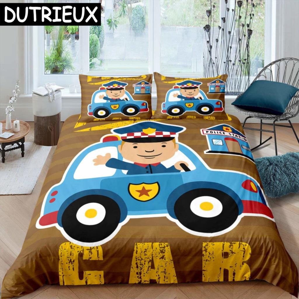 Policajtské auto Král Královna Povlak na přikrývku Kreslené auto Ložní souprava Děti Chlapci Modrá Šedá Vozidla záchranné služby Polyesterový Povlak na přikrývku