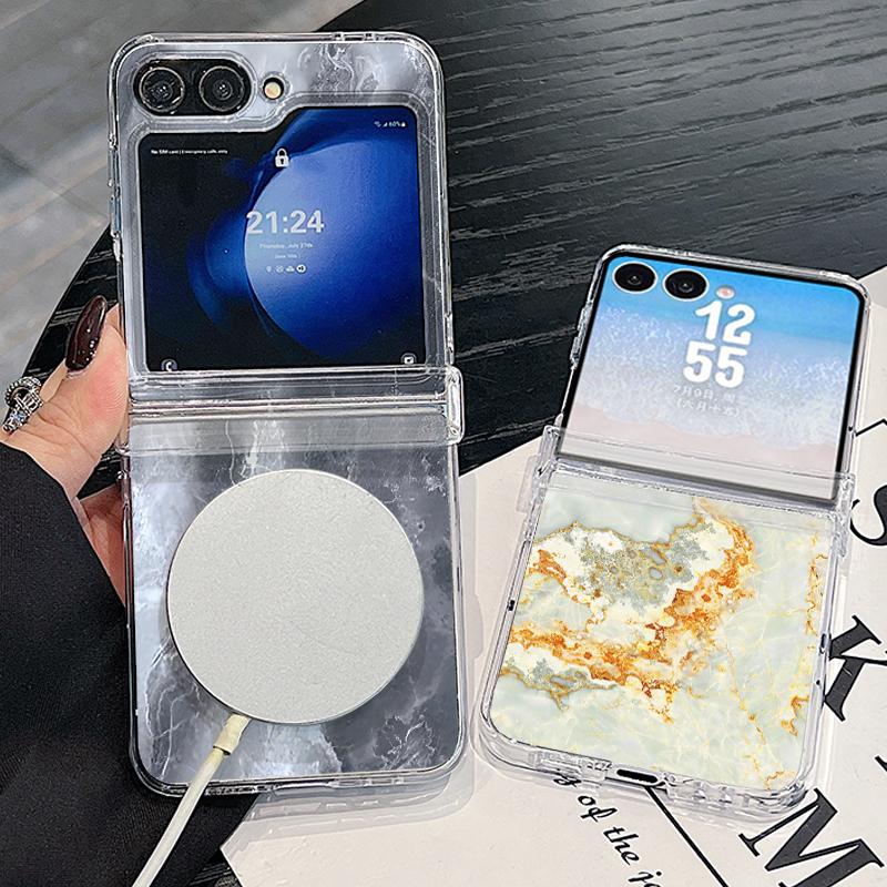 Sandstone Marble Case For Samsung Galaxy Z Flip 8 7 6 5 4 Flip8 Flip7 Flip6 Magnetic For Magsafe Clear PC Hard Folding Phone Cover