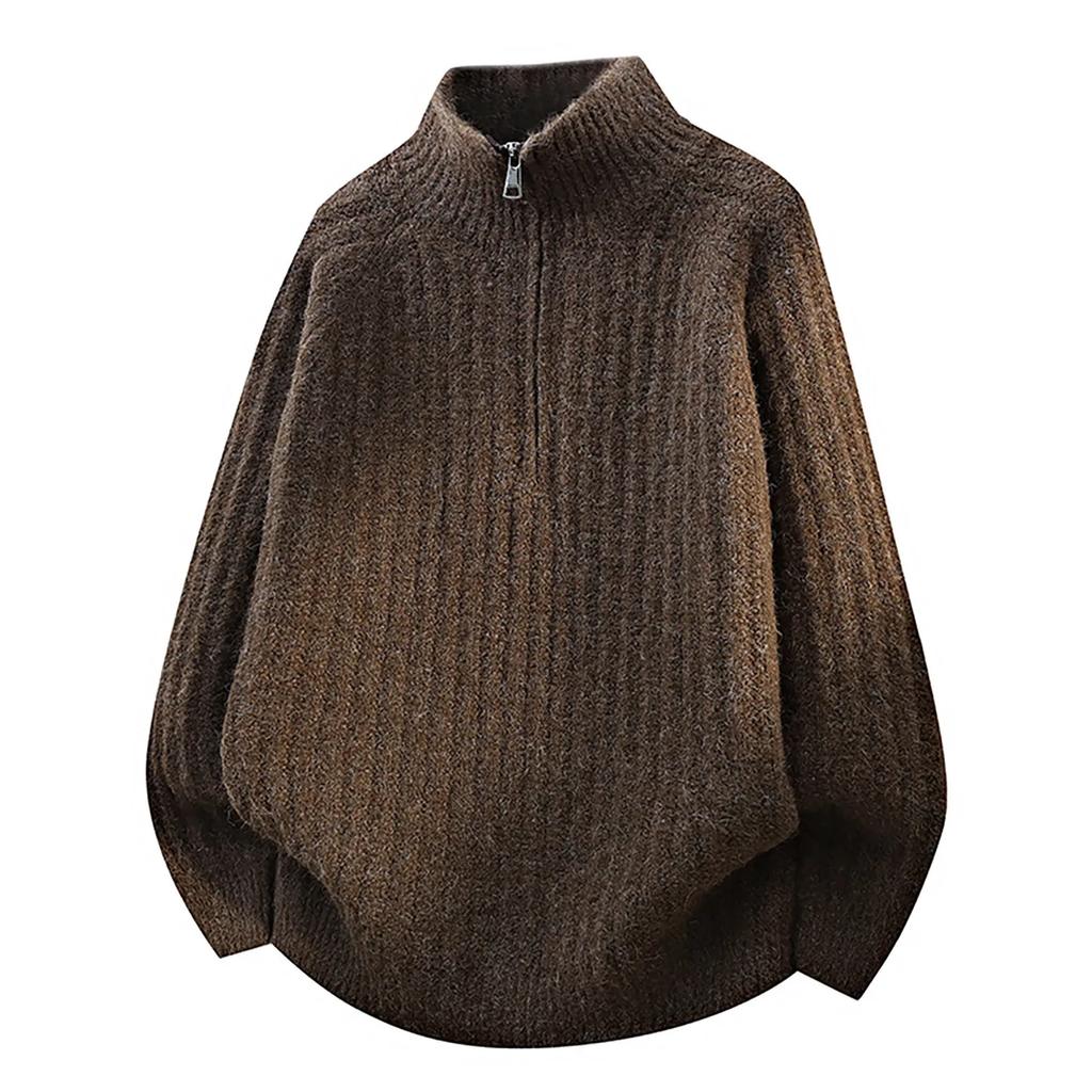 Autumn Winter Half Zipper Knitted Sweater Men Warm Stand Neck Pullovers Casual Knitwear